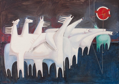 Fig. 1 Kadhim Hayder, Fatigued Ten Horses Converse with Nothing (The Martyr’s Epic), Oil on canvas 91 x 127 cm, 1965. Barjeel Art Foundation, Sharjah.