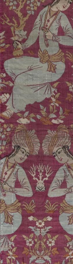After Riza Abbasi, Textile Fragment Depicting a Youth Drinking, early 17th century, compound cloth, Safavid, Yale University Art Gallery'