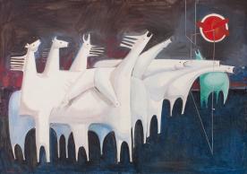 Fig. 1 Kadhim Hayder, Fatigued Ten Horses Converse with Nothing (The Martyr’s Epic), Oil on canvas 91 x 127 cm, 1965. Barjeel Art Foundation, Sharjah.