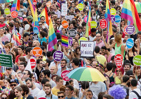 People attending a LGBT pride parade on June 30, 2013 in Taksim Square, Istanbul, Turkey.